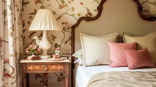 Charming bedroom decor, interior design and home decor, bed with elegant bedding and bespoke furniture, English country house, holiday rental and cottage style interiors