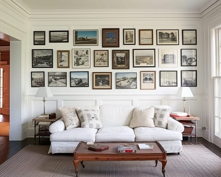 Gallery wall, home decor and wall art over sofa, framed art in modern English country cottage sitting room interior, living room for diy printable artwork and print shop idea