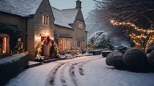 Christmas in the countryside, cottage and garden decorated for holidays on a snowy winter evening with snow and holiday lights, English country styling inspiration