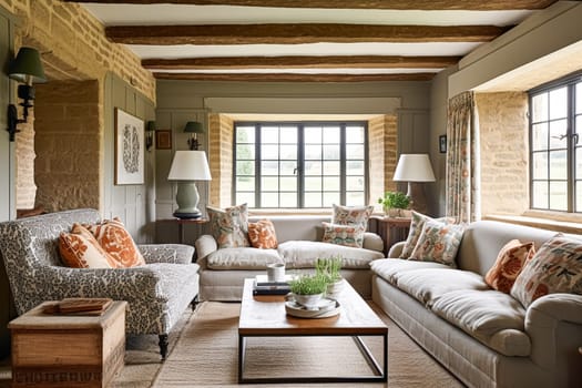 Modern cottage sitting room, living room interior design and country house home decor, sofa and lounge furniture, English Cotswolds countryside style interiors