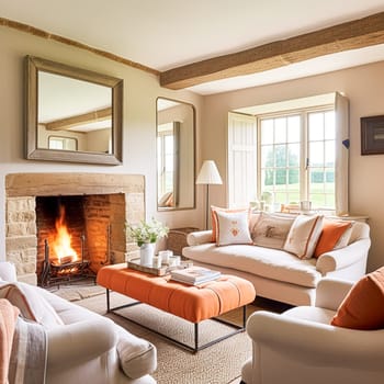 Modern cottage sitting room with fireplace, living room interior design and country house home decor, sofa and lounge furniture, English countryside style interiors