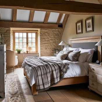 Cottage style bedroom decor, interior design and home decor, bed with elegant bedding and bespoke furniture, English country house or holiday rental interiors