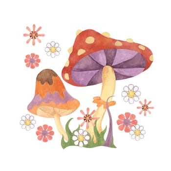 Retro hippie flowers, grass and fly agaric mushrooms 70s style. Hippie psychedelic groovy fungus clipart. Watercolor illustration for flower power sticker, nostalgic design, printing, quote, t-shirt