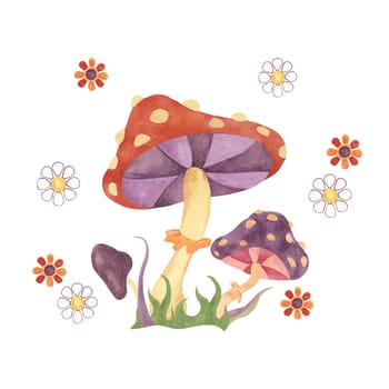 Retro hippie flowers, grass and fly agaric mushrooms 70s style. Hippie psychedelic groovy fungus clipart. Watercolor illustration for flower power sticker, nostalgic design, printing, quote, t-shirt