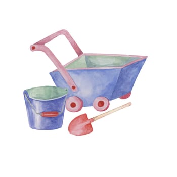 Toy bucket, shovel and wheelbarrow. Beach sand play clipart, retro wooden cart and gardening tools watercolor illustration for kids party, sticker, postcard, invitation, baby shower, nursery decor
