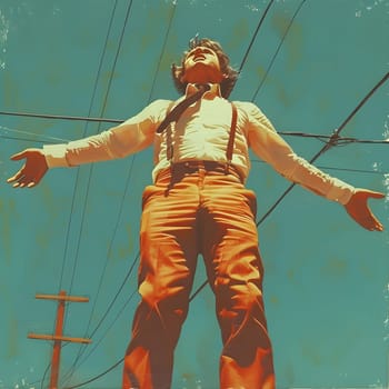 A man wearing a helmet and hat with arms outstretched stands in front of power lines at an entertainment event. He gives a thumbs up, ready to perform with ropes and belts for added fun