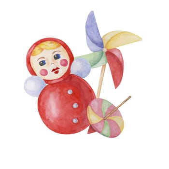 Spinning top, pinwheel toy and roly-poly. Tumbler doll wind fan and whirligig play clipart. Playthings watercolor illustration for kids party, sticker, postcard, invitation, baby shower, nursery decor