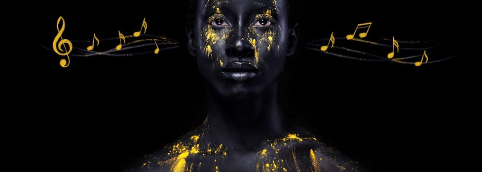 Art fashion makeup. An amazing woman with black makeup and leaking gold paint.