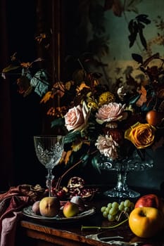 Classic floral still life fine art print, composition with rich arrangement of flowers and fresh fruits and a glass of wine, accented by lush vintage florals, English countryside art style design