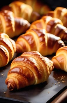 Food. Croissants. Fresh hot and crispy baked goods with filling on a baking sheet. Lots of buns from the oven. Verttkalny. Close-up.