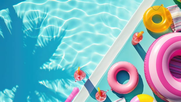 An aqua swimming pool with colorful floats and drinks, surrounded by greenery and azure skies. A relaxing leisure event with vibrant textile patterns and petal art AIG50