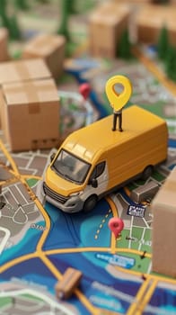 A small, detailed model of a yellow delivery van positioned on a colorful, printed city map, signifying the planning of a delivery route. The map contains various streets, locations, and icons, with a large yellow pin suggesting a destination or a significant point in the delivery process.