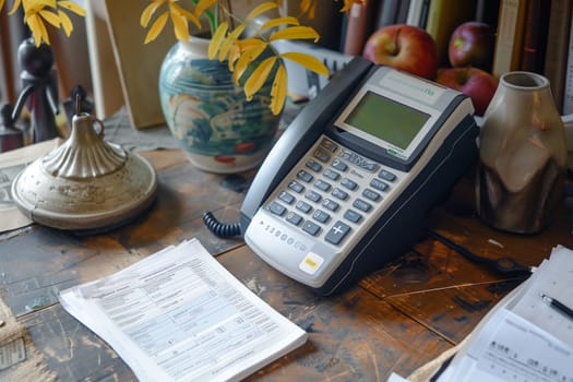 A desk is cluttered with a phone, papers, and a vase of flowers. The phone rests next to a stack of papers while the vase of flowers adds a touch of color and life to the workspace.