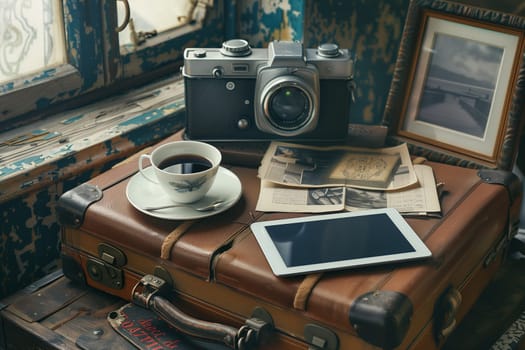 An old suitcase sits open, revealing a vintage camera, tablet, and a steaming cup of coffee placed inside. The scene exudes a sense of nostalgia and creativity.