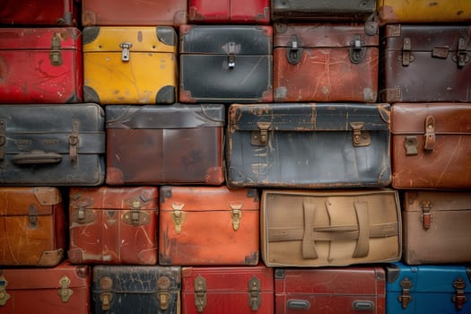 A stack of worn, vintage suitcases piled on top of each other. The suitcases vary in size and color, showing signs of age and travel.