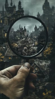 A hand holds a magnifying glass over a city, zooming in to examine details and landmarks. The cityscape below is bustling with activity, from tall buildings and busy streets to parks and bridges.