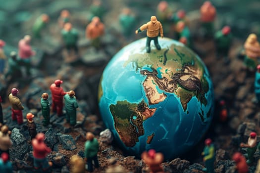 A group of miniature people are standing around a small globe, appearing to discuss global issues or plan international cooperation. The globe symbolizes the world and unity among nations.