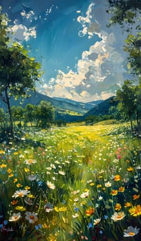 A beautiful painting depicting a field of colorful flowers with majestic mountains in the background. A peaceful scene with people immersing themselves in nature