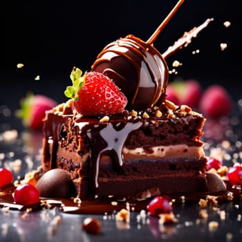 Decadent chocolate cake adorned with fresh strawberries, crunchy nuts, elegantly presented on plate. For restaurant websites, cafe, bakery menus, food blogs, magazines, food, home baking inspiration