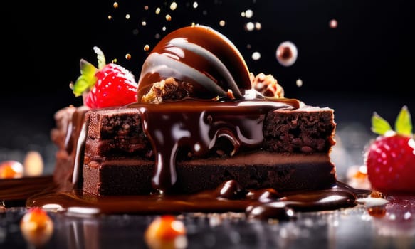 Decadent chocolate cake adorned with fresh strawberries, crunchy nuts, elegantly presented on plate. For restaurant websites, cafe, bakery menus, food blogs, magazines, food, home baking inspiration