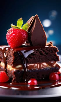 Decadent chocolate cake adorned with fresh strawberries, crunchy nuts, elegantly presented on plate. For restaurant websites, cafe, bakery menus, food blogs, magazines, food, home baking inspiration