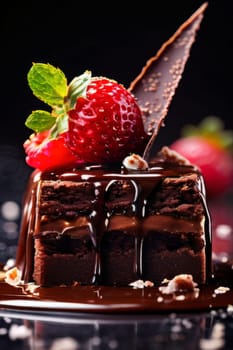 Decadent chocolate cake adorned with fresh strawberries, crunchy nuts, elegantly presented on plate. For restaurant websites, cafe, bakery menus, food blogs, magazines, food, home baking inspiration