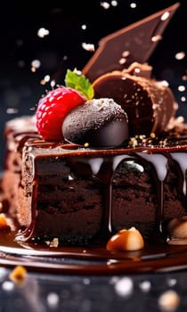 Decadent chocolate cake adorned with fresh strawberries, crunchy nuts, elegantly presented on plate. For restaurant websites, cafe, bakery menus, food blogs, magazines, food, home baking inspiration