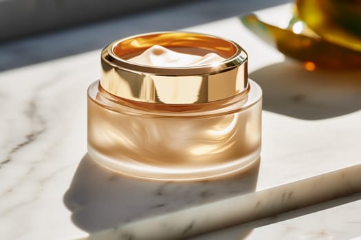 Luxury gold face cream jar on luxurious marble under golden sunlight at spa, beauty and skincare product, post-processed, generative ai