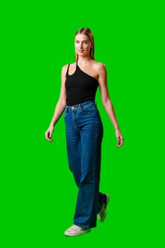 Blonde Woman in Black Tank Top Posing for Picture in studio