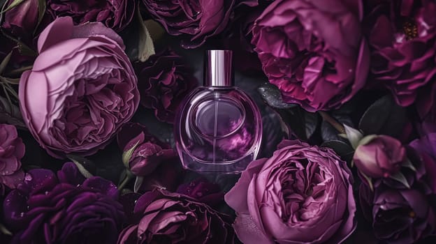 Perfume bottle in flowers, fragrance on blooming background, floral scent and cosmetic product idea