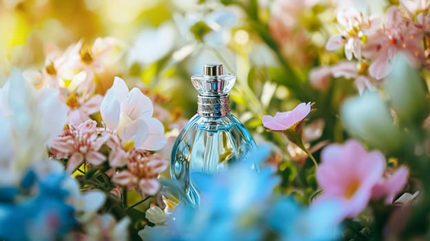 Perfume bottle in flowers, fragrance on blooming background, floral scent and cosmetic product idea