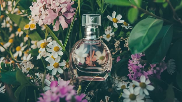 Perfume bottle in flowers, fragrance on blooming background, floral scent and cosmetic product idea
