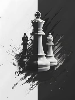 A monochrome still life photo featuring three chess pieces on a black and white background, showcasing tints, shades, symmetry, and a sense of recreation