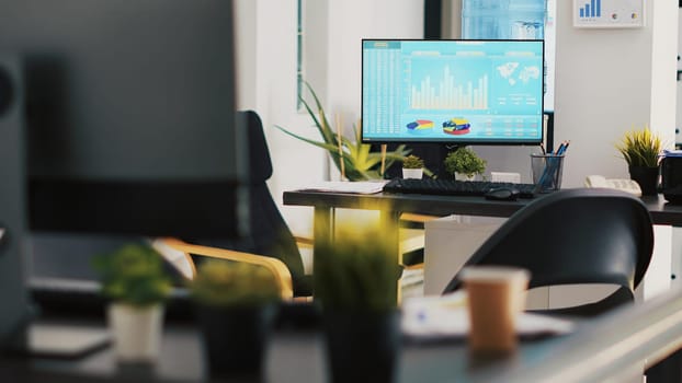 Computer screen in business office shows stock exchange values changing in real time. Desktop PC monitor in workplace with trading indexes showing prices and pie charts graphs