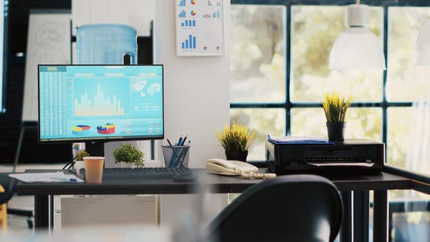 Stock portfolio on trading platform displayed on computer containing collection of investment assets. Workplace with live index indices and pie charts on PC screen showing stock demand surge