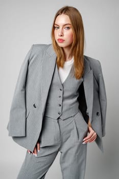 Woman in Gray Suit and White Shirt posing in studio on gray background