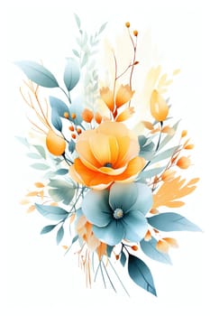 A beautifully arranged bouquet featuring large orange and muted blue blooms surrounded by delicate yellow flowers and green foliage. Calm and the beauty of a fall season garden - Generative AI