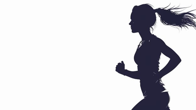 Side view silhouette of a woman with her hair blowing back as she runs vigorously, isolated on a white backdrop, her hair flowing as she runs - Generative AI
