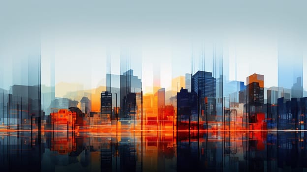 A vibrant abstract representation of a city skyline with reflections, illuminated by the warm hues of a setting sun - Generative AI