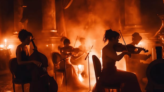 A group of musicians sits, intensely focused while playing their string instruments, enveloped in warm, orange-hued lighting that creates a moody atmosphere - Generative AI