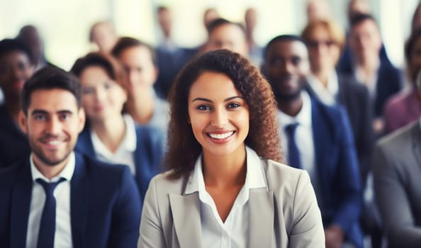 Group of happy smiling business people at a seminar, official meeting, people in business formal clothes listening to a speech