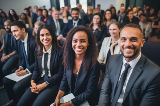 Group of happy smiling business people at a seminar, official meeting, people in business formal clothes listening to a speech