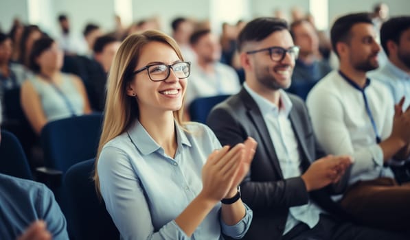 Group of happy smiling business people at a seminar, official meeting, people in business formal clothes listening to a speech