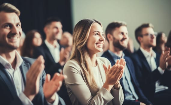 Group of happy smiling business people at a seminar, official meeting, people in business formal clothes listening to a speech