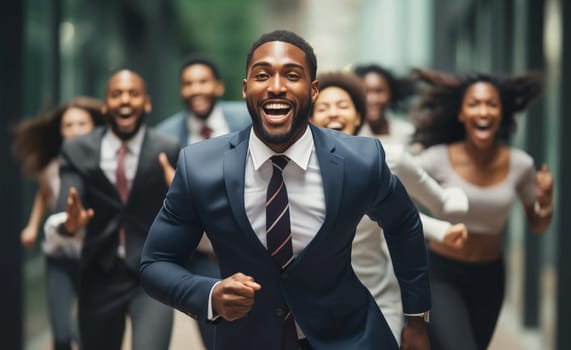 Funny running joyful black businessman with colleagues having a race in the office, business people having fun together