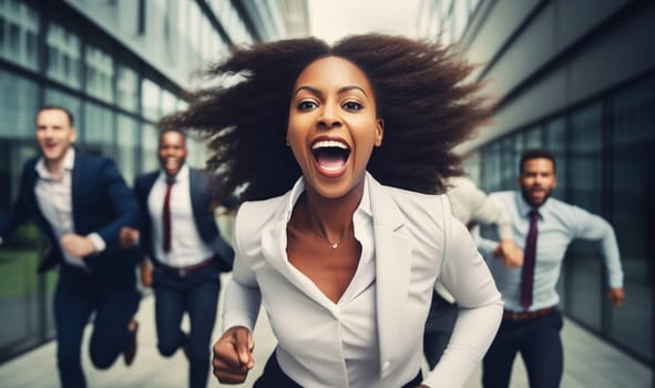 Funny running joyful businesswoman with colleagues having a race in the office, business people having fun together