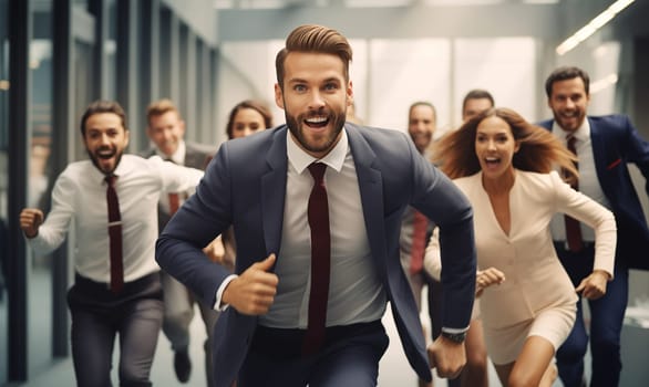 Funny running joyful businessman with colleagues having a race in the office, business people having fun together