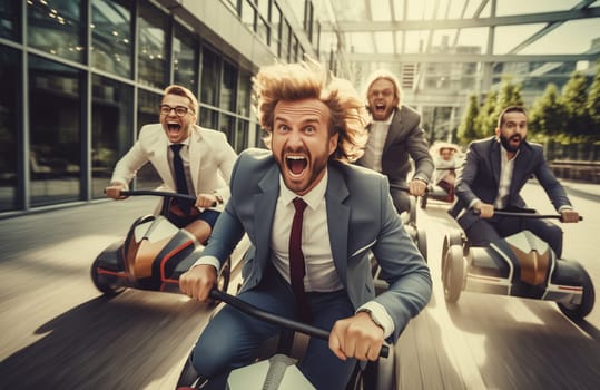 Funny running joyful businessman with colleagues having a race in the office, business people having fun together