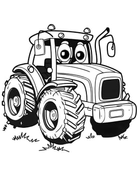 A cartoon tractor depicted in black and white with oversized tires. The drawing showcases automotive design elements and features like big wheels and large tires