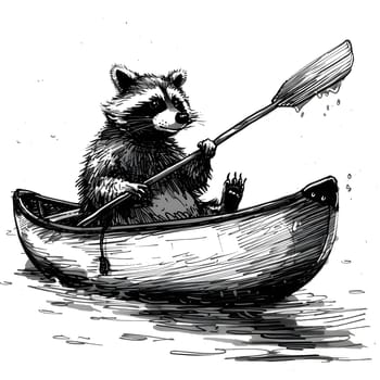 Monochrome illustration of a raccoon in a boat with a paddle, showcasing intricate details in black and white. Perfect for art enthusiasts who appreciate detailed drawings